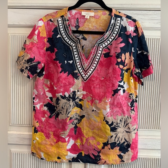 Charter Club Luxury 100% Linen Floral V-Neck Blouse - Pink, Navy, Medium - Picture 1 of 14